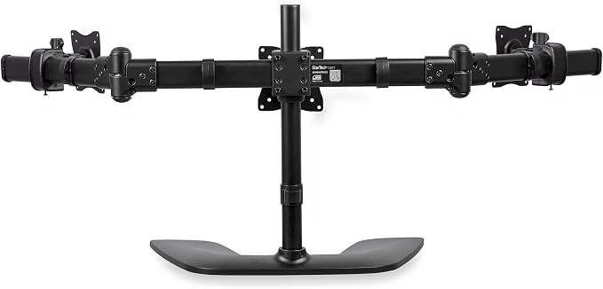 StarTech Triple Monitor Stand 13in to 27in, VESA, Black (ARMBARTRIO2) | For Monitors 13" to 27" (17.6lb/8kg), Adjustable VESA Computer Stand for 3 Screen Setup, Steel, Articulating - Image 3