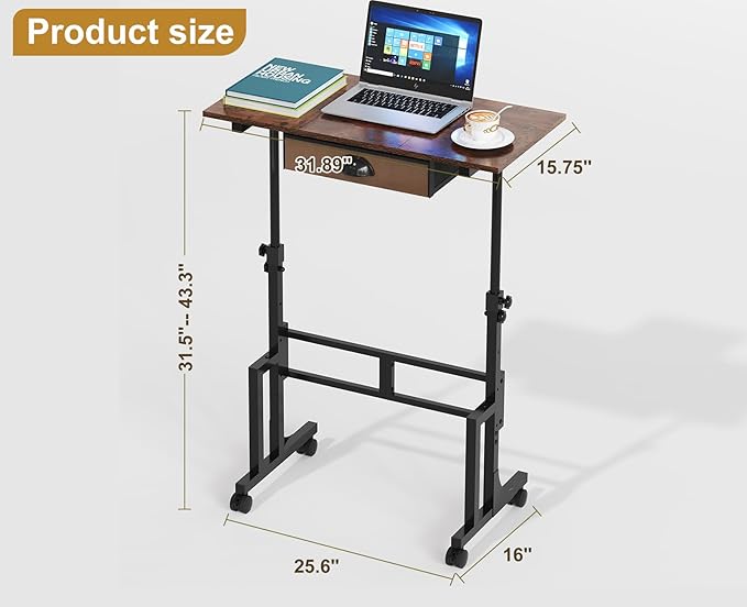 Adjustable Height Standing Desk With Drawer, Rolling Sit Stand Up Desk With Wheels, Small Sit To Stand Computer Desk, Adjustable Desktop Height, On Wheels, Brown, For Walking Pad Laptop Treadmill - Image 7