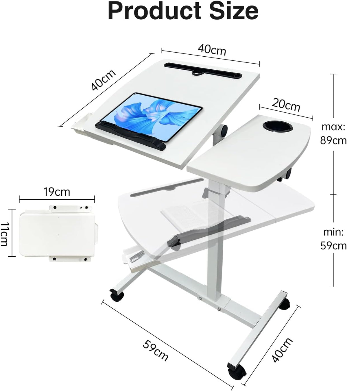 Medical Adjustable Overbed Bedside Table with Wheels & Cup Holder - Image 3