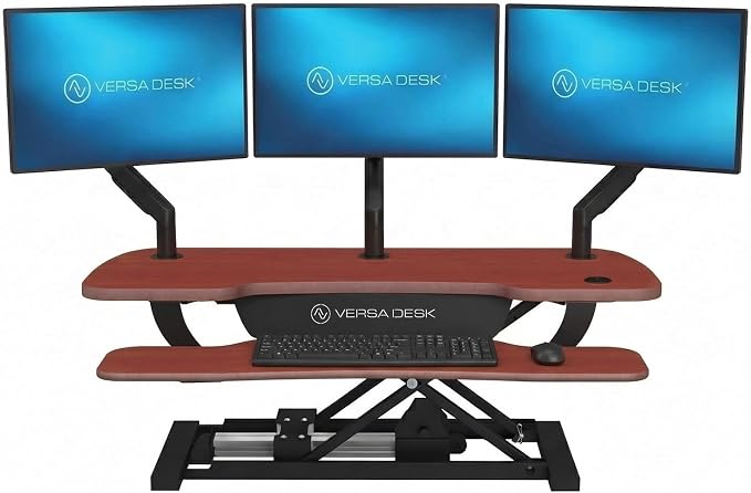 PowerPro 40 Inch Electric Standing Desk Converter – Push-Button Height Adjustable Sit to Stand Desk Riser for Triple Monitors & Laptop – Motorized Desktop Workstation with Wide Keyboard Tray by VERSADESK