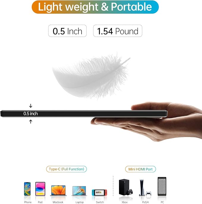 Portable Monitor 16.0inch FHD 1920 * 1200P USB C HDMI Ultra-Slim IPS Travel Display & Speakers, HDR Plug&Play, External Monitor for Laptop PC, Phone, Mac - Image 8