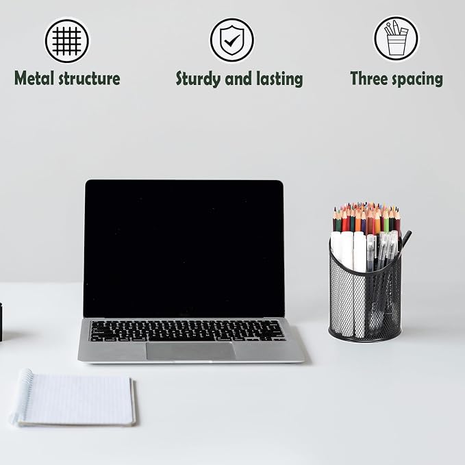 MINDEPOT 2 Pack Pencil Holder Pen Cup for Desk Round Pen Organizer | Mesh Black Pen Holder, Duty Metal, 3 Compartments, Desk Organizer for Home School - Image 6