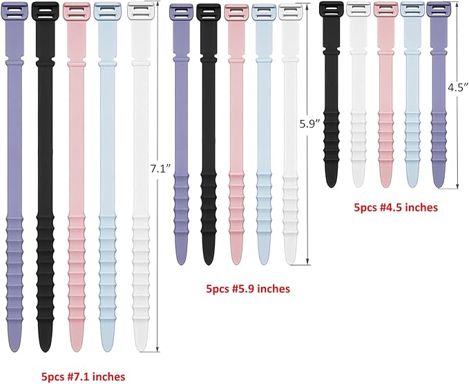 Silicone Zip Ties, Reusable Zip Ties, Rubber Cable Ties Straps for Wire Management, Elastic Silicone Ties Cable Organizer for Home Office, Cord Ties Three Sizes 4.5" 5.9" and 7.1"(5+5+5Pcs Multicolor) - Image 7