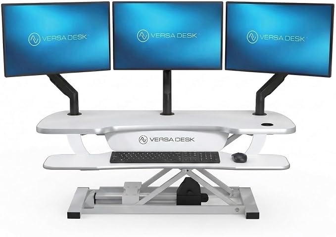 PowerPro 40 Inch Electric Standing Desk Converter – Push-Button Height Adjustable Sit to Stand Desk Riser for Triple Monitors & Laptop – Motorized Desktop Workstation with Wide Keyboard Tray by VERSADESK