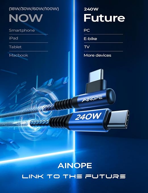 AINOPE 240W USB C to USB C Cable Fast Charging 3.3FT,Right Angle Fast Type C Charging Cable Fits iPhone 16 Pro Max Plus,iPhone 15,MacBook Air/Pro,iPad Pro,Samsung,Pixel,All Devices, Blue, 1 Pack - Image 6