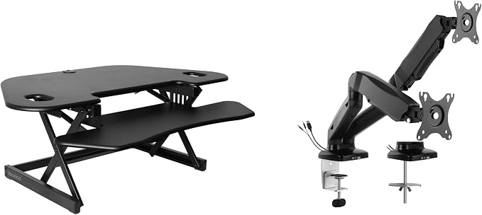Rocelco 46" Height Adjustable Corner Standing Desk Converter with Dual Monitor Arm Mount Bundle - Sit Stand Up Tabletop Computer Workstation Riser - Extra Large Keyboard Tray - Black (R CADRB-46-MA2) by Rocelco