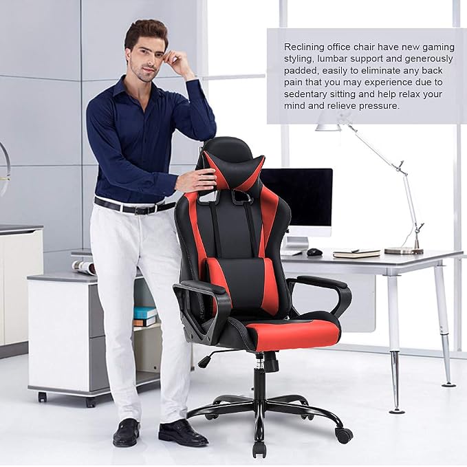 BestOffice Gaming Chair | Red | Desk Chair with Adjustable Lumbar Support | Headrest Pillow | Ergonomic Racing Style Seat with Recline, Swivel Base & Rolling Wheels | For Gamers, Home, Office - Image 6