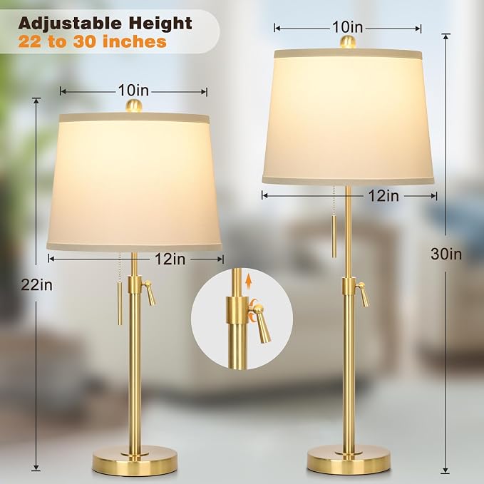 Modern Gold table Lamp 22" to 30"Adjustable Height 3 Brightness Way Brass Nightstand with White Linen Shade Pull Chain Pole Lights for Living Room Guest Bedroom End Table Office(Bulb Included, Single) - Image 2