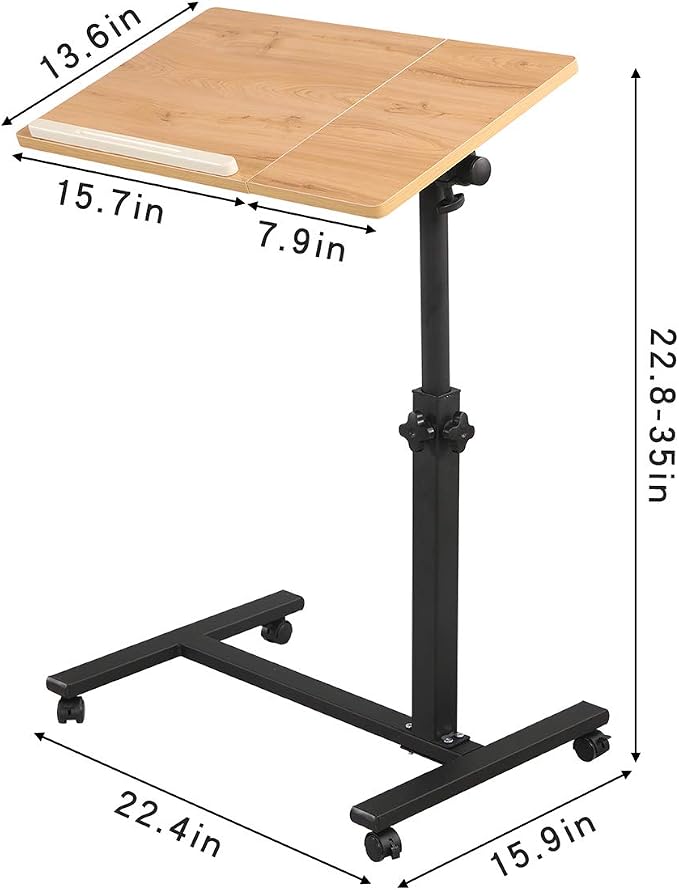 TigerDad Overbed Bedside Desk Mobile Rolling Laptop Stand Tilting Overbed Table with Wheels Height Adjustable Tray Table for Laptop Bed Sofa Side Table (Wood) - Image 3