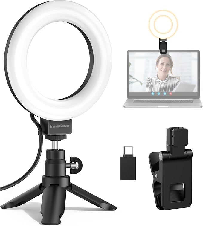 InnoGear 60 LED Ring Light with Stand for Computer Selfie Video Conference | LED Lights for Video, Clip On, Remote Control, 5 Color Modes, Adjustable, Monitor, Laptop, Easy to Attach, Recording by InnoGear