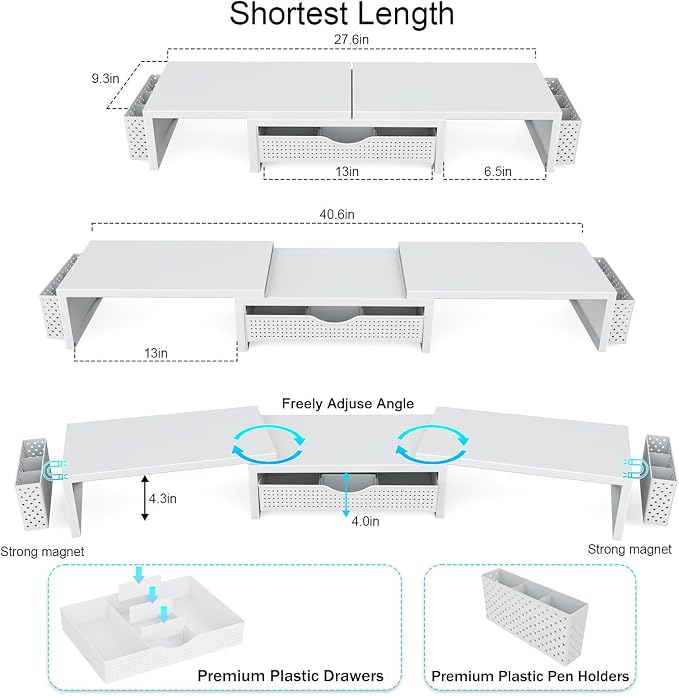 gianotter Dual Monitor Stand Riser With Drawer and 2 Pen Holders | Computer Monitor Stand Desk Organizer and Accessories Desk Shelf for Top of Desk (White) - Image 3