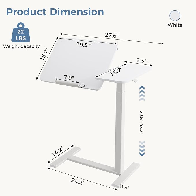 DUMOS Standing Desk with Wheels, Rolling Desk, Laptop Table | Adjustable Height, Portable Computer Workstation, Tilting Desktop, Home Office Classroom Bedside, White - Image 3