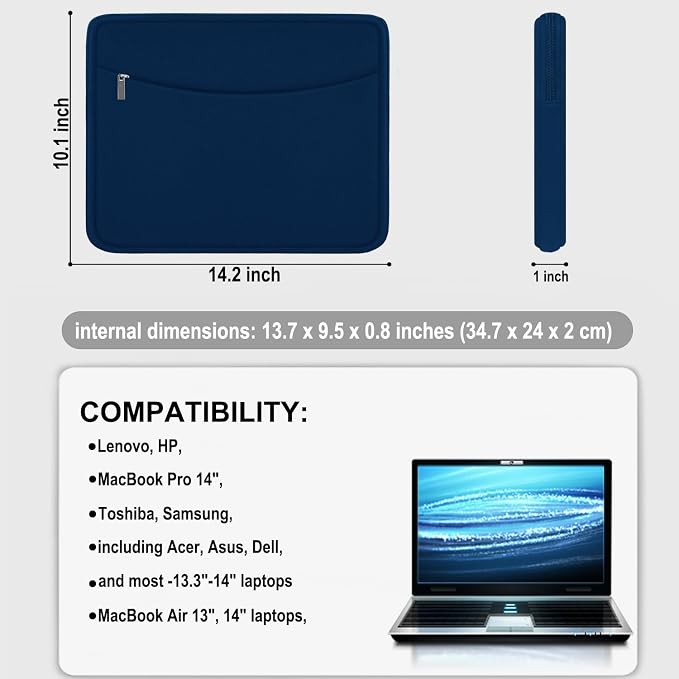 Laptop Sleeve Case 14 inch, Shockproof Protective Laptop Cover Briefcase Carrying Computer Bag with Accessory Pocket Portable Computer Sleeve for 14" MacBook, HP, Dell, Lenovo, Acer, Blue - Image 4