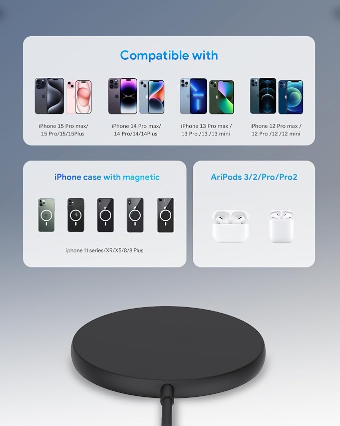 Magnetic Wireless Charger for iPhone, Fast Charging pad for MagSafe Compatible with iPhone 17/16/15 Pro/Pro Max/Plus/14/13 & AirPods 3/2/Pro - Image 5