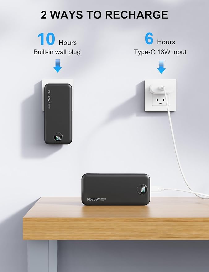 Nusyddy Portable Charger 20000mAh Fast Charging w/Built-in Wall Plug Black | PD20W Fast Charging, High Capacity, LED Display, Charge 5 Devices at once, TSA Approved, Compatible with iPhone/Samsung - Image 7