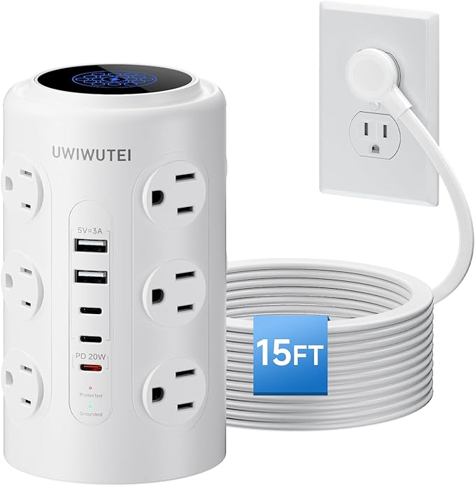 Tower Power Strip with 1 Dedicated PD 20W Fast-Charging Port, 12 Outlets, 5 USB Ports (3 USB-C), Desk Charging Station for Multiple Devices,15FT Extension Cord, Home Office Essentials by Unknown