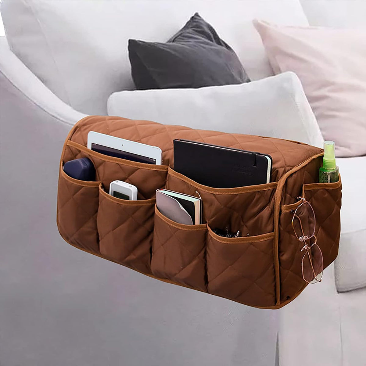 2 in 1 Waterproof Armrest Covers Sofa Arm Organizer with 14 Pockets for Tablet Magazines TV Remote Holder, Anti-Slip Recliner Couch Armchair Slipcover Furniture Sofa Arm Protector Storage Caddy Pouch by Holiberty