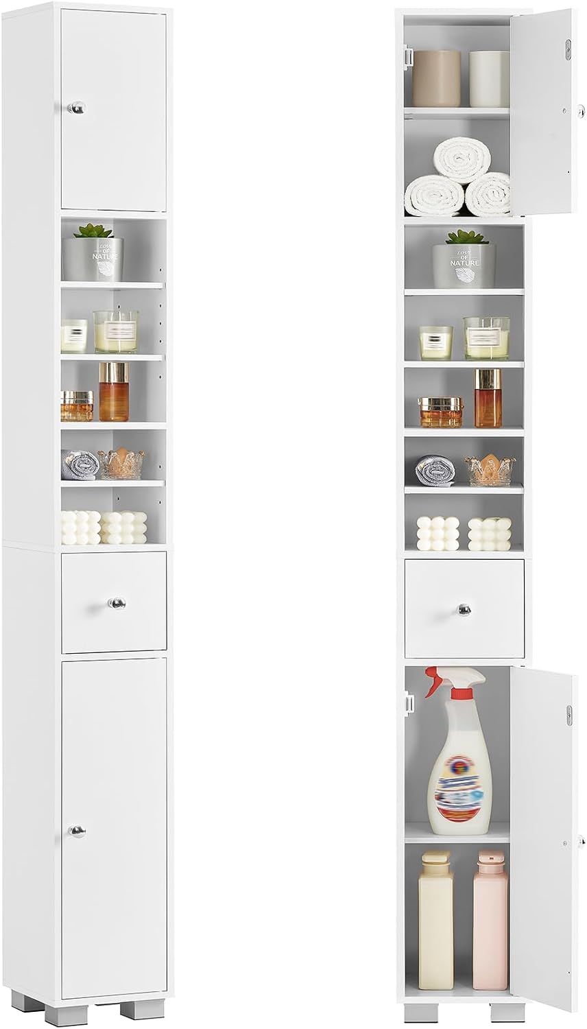 Bathroom Cabinet, Narrow Bathroom Storage Cabinet with 5 Adjustable Shelves & Drawer, Freestanding Cupboard for Small Spaces, White by TEENFON