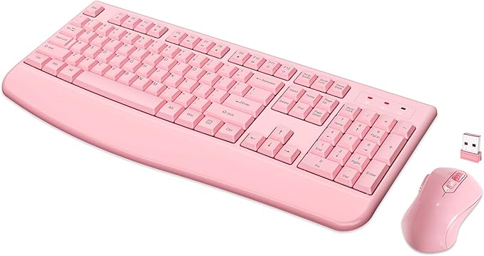 Wireless Keyboard and Mouse Combo, Full-Sized 2.4GHz Wireless Keyboard with Comfortable Palm Rest and Optical Mouse for Windows, Mac OS PC/Desktops/Computer/Laptops (Full Pink) by QUASIO