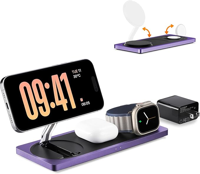Mag-Safe Charger Stand, 3-in-1 Magnetic Wireless Charging Station for Apple Devices, iPhone 15/14/13/12 Series, Apple Watch, AirPods Pro (Purple) | For iPhone 17/Air/16/15/14/13/12, AirPods & Apple Watch, Foldable Portable Aluminum Charging Stand, Adap... - Image 7