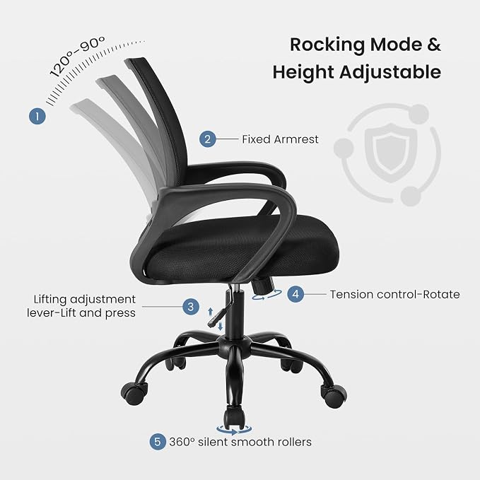 OLIXIS Home Office Chair, Mesh Desk Chair, Ergonomic Lumbar Support | Storage Back Rocking Mode, Height Adjustable Fixed Armrest, 360 Swivel Computer Gaming Conference, Black - Image 5