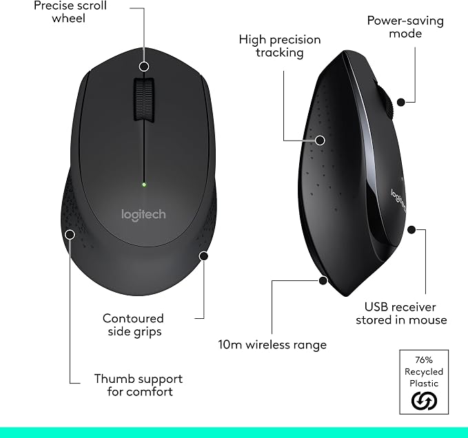 Logitech MK345 Full Size Wireless Keyboard and Mouse Combo - Black | Full size keyboard with integrated palm rest, compact right handed mouse, connect via single included USB-A Nano Receiver - Image 8