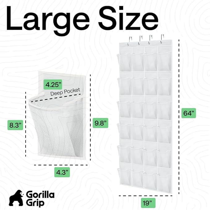 GORILLA GRIP Over the Door Shoe Organizer, 24 Large Pockets, White | Breathable Mesh Pocket, Space Saving Hanging Storage Holder, Closet Rack Hanger for Shoes, Pantry and Bathroom Accessories - Image 7