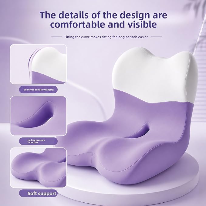 X Large Memory Foam Seat Cushion Lumbar Support Pillow for Sciatica & Tailbone Pressure Relief Coccyx Pad for Office Chair, Car,Wheelchair,Home,Office-Purple - Image 5