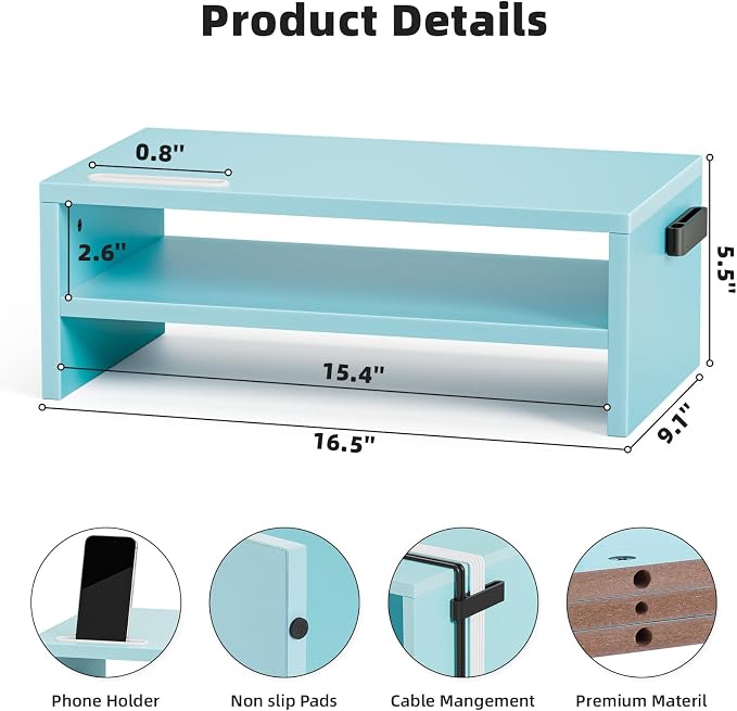 Marbrasse Wood Monitor Stand Riser,Desk Computer Printer Shelf Stand，Blue | 2 Tier Laptop Computer Screen Storage, Desktop Stand with Phone Holder and Cable Management - Image 3