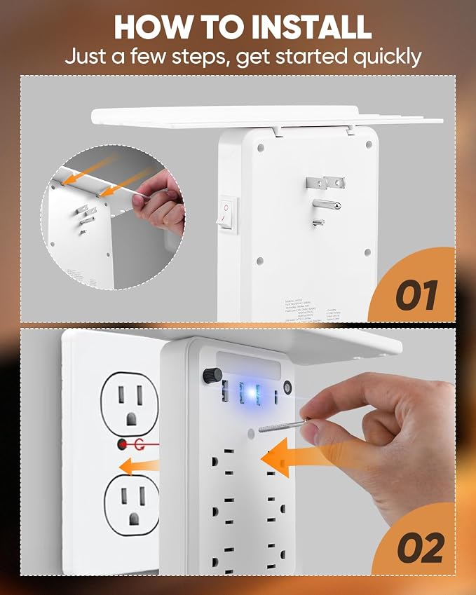 Saker Outlet Extender with Night Light, 6 AC, 4 USB, Surge Protector | 6 AC Outlets + 4 USB Ports, Built-In Night Light, Surge Protection, Convenient Outlet Shelf, 1 USB-C Fast Charging Port - Image 8