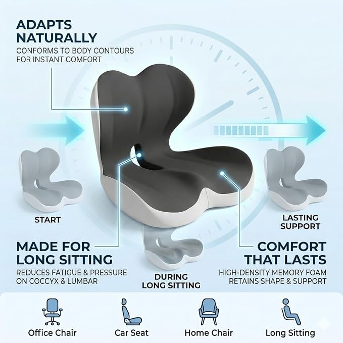 MOYEE Wide Memory Foam Seat Cushion with Lumbar Support for Office Chair & Car Seat, Ergonomic Design for Long Sitting, Gradual Relief & Lasting Support for Back, Tailbone & Sciatica Pain - Image 5