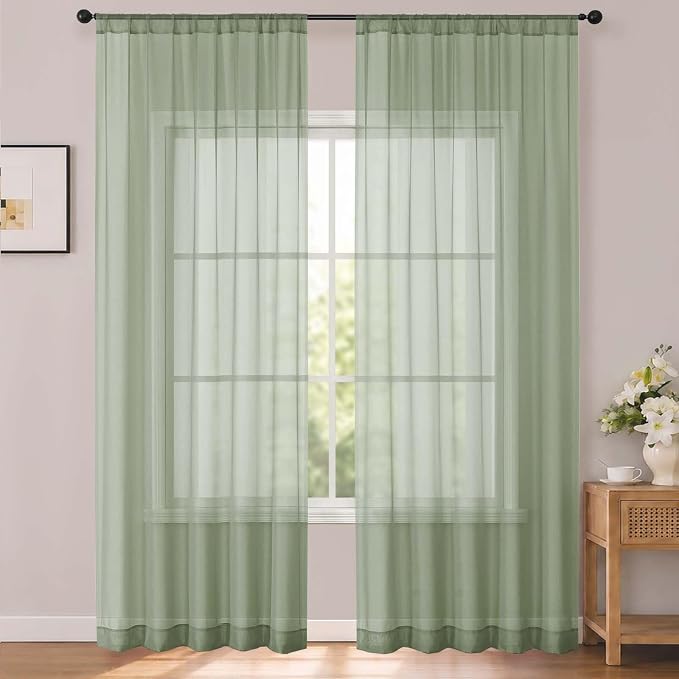 Sage Green Sheer Curtains 96 Inches Long 2 Panels for Bedroom 52" W | Elegant Airy Sheer Curtain for Living Room, Light Filtering Window Treatments, Rod Pocket, 2pcs Each 52" Width x 96" Long by OWENIE