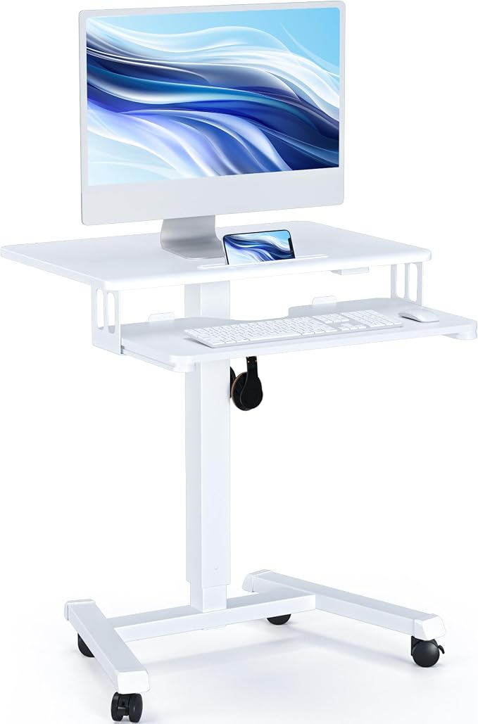 BONTEC Mobile Standing Desk with Keyboard Tray, Mobile Podium on Wheels | Rolling Laptop Sit Stand Desk, Adjustable Height Desk Up to 33lbs, Portable Computer Workstation Cart for Living Room, White by BONTEC