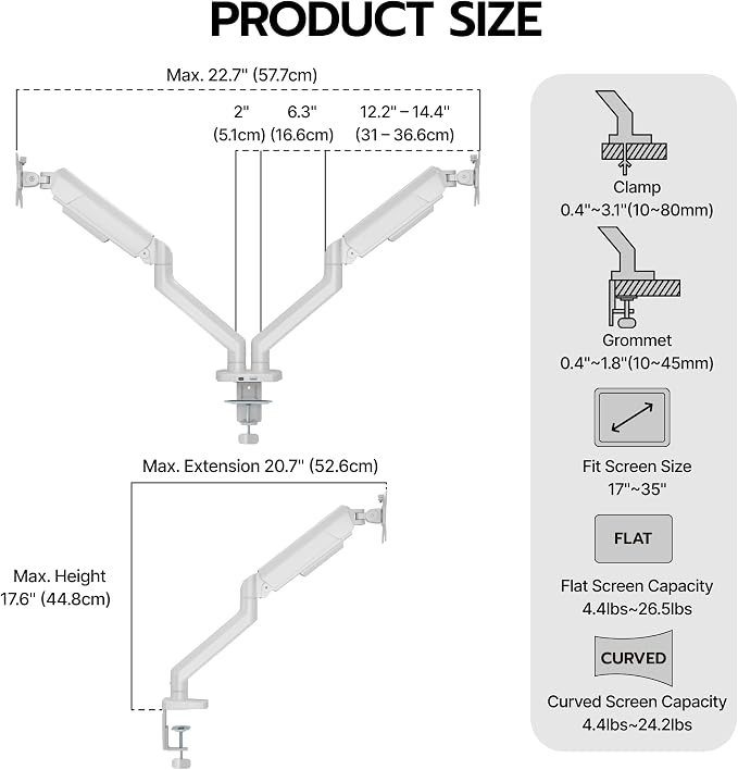 ARES WING Dual Monitor Mount with USB for 2 Monitors for 17-35 inch, White | Heavy Duty Monitor Arms for 2 Monitors, Fully Adjustable Monitor Desk Stand for Ultrawide Screen, VESA 75x75 or 100x100mm - Image 9