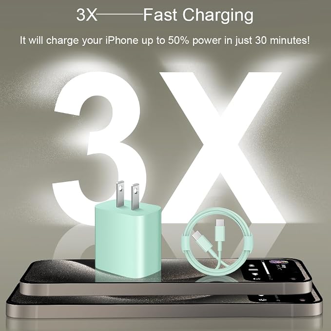 iPhone 17 16 15 Charger Fast Charging 2+2Pack 20W USB C Wall Charger with 6FT Fast Charging Cable Compatible with iPhone 17/17 Air/17 Pro/17 Pro Max/iPhone 16/15 Series, iPad Pro/AirPods - Green - Image 2