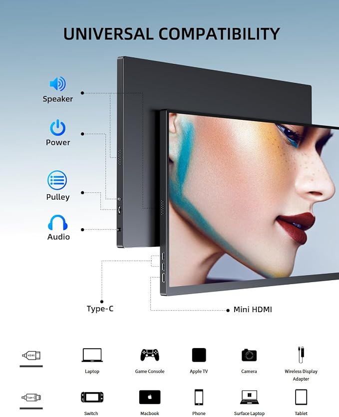 UPERFECT Portable Monitor, 18.5" 120Hz 1080P Laptop Gaming Display | 125% sRGB, HDR, FreeSync, 350 Nits Brightness, VESA Support, Stand Included, USB-C & Mini HDMI Screen for Gaming & Travel - Image 7