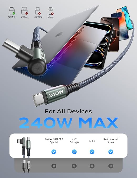 AINOPE 240W USB C to USB C Cable [10FT] Right Angle C to C Cable | Fast Charging Phone Charger USBC to USBC Fits iPhone 17 16 15 Pro Max Plus,MacBook Air/Pro,iPad Pro,Samsung S25,Pixel,iPad - Image 2