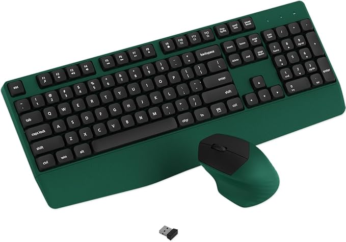 Ergonomic Wireless Keyboard and Mouse Combo with Wrist Rest (Black Green) | COVEVA Full Size Keyboard with 12 Dedicated Shortcuts, Smart Auto-Sleep, 2.4GHz Receiver, Natural Typing for PC Laptop by COVEVA