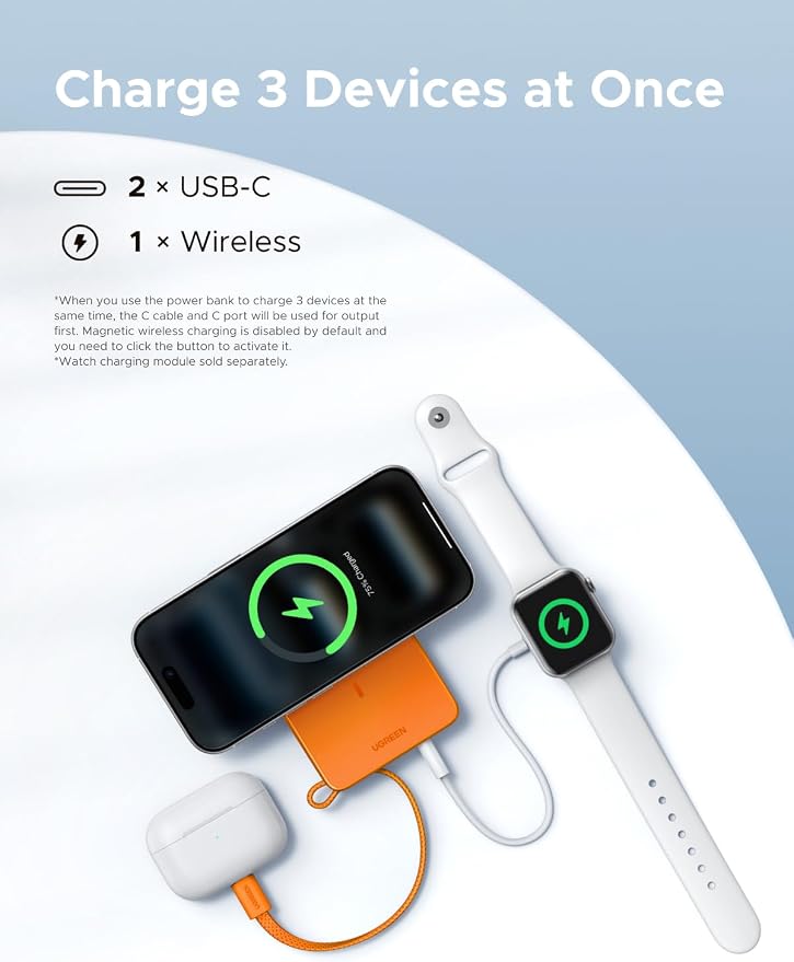 UGREEN MagFlow 10000mAh Qi2 25W Wireless Power Bank Built-in Cable | Qi2 25W wireless, built-in cable, 30W PD wired. MagSafe compatible. Orange for iPhone 17/12 - Image 6