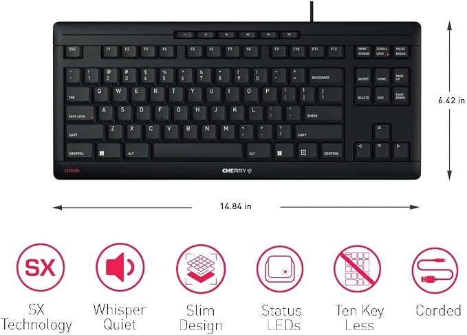 Cherry Stream Wired Keyboard Without Number Pad, Compact TKL | Whisper Quiet Keys, Unique Typing Feel, Slim Design, SX Scissor Switches, QWERTY, Black - Image 4