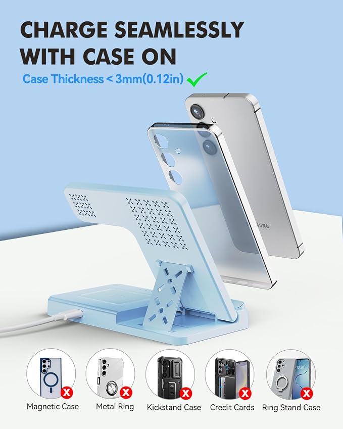 3-in-1 Charging Station for Samsung, Foldable Wireless Charger Stand | Android Phone and Watch Charger for Samsung S26/S25/S24/S23/S22/S21, Note 20/10, Z Fold 6/5, Galaxy Buds and Watch-Blue - Image 3