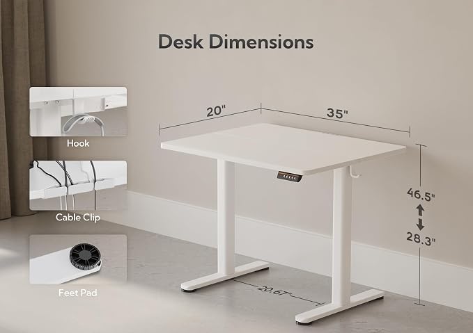 Claiks Electric Height Adjustable Standing Desk, 35x20 Inch, White | Smooth Height Adjustment, 3 Memory Presets, Cable Management Hub&Hook, Stable Steel Frame, 176lbs Capacity, Easy Assembly - Image 3