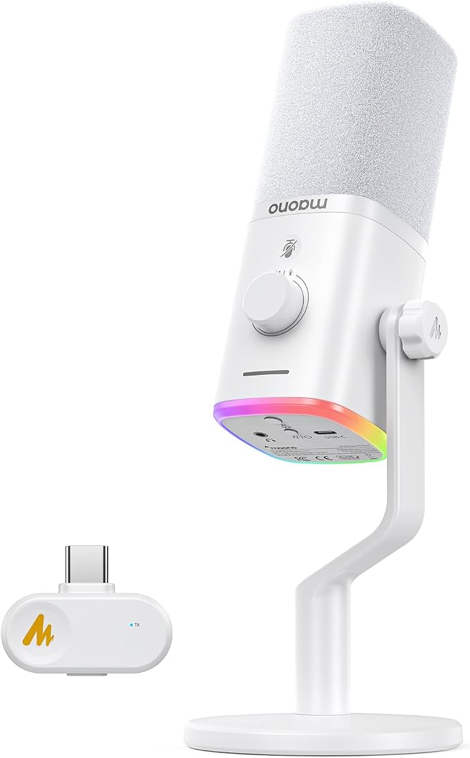 MAONO PD100W Wireless Dynamic Gaming Microphone for PC with USB-C Receiver | One-Click Noise Reduction,Custom RGB,Mute,Monitoring, Companion App,Wireless Desktop Mic for Creator, Stream, Podcast, White by MAONO