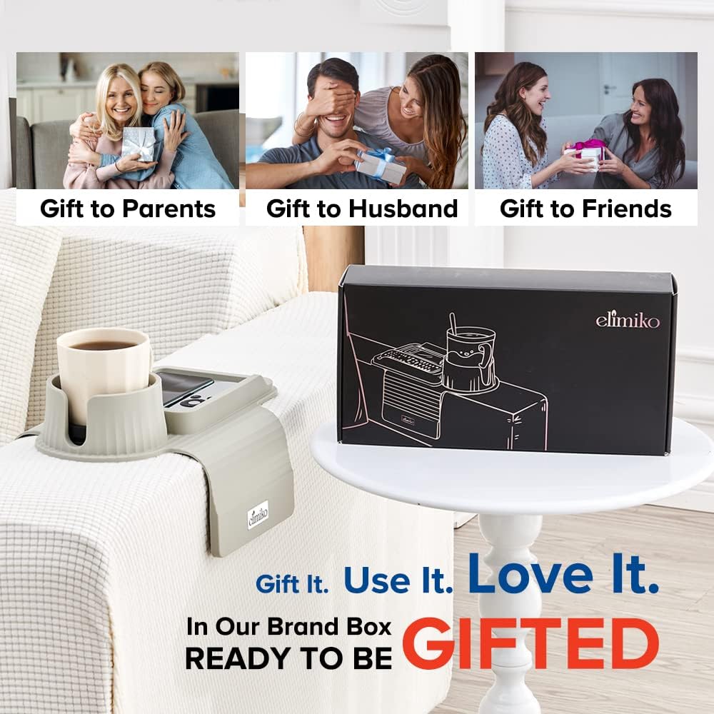 Couch Cup Holder Tray, Elimiko Silicone Sofa Drink Holder with Large Cup Holder and Tray, for Oversized Mugs/Long Remote/Snacks/Cellphone (Griege) - Image 7