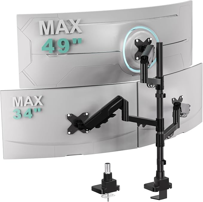 WALI Stacked Triple Monitor Mount for 49" UItrawides and Dual 34" Monitors | Heavy Duty 3 Monitor Arm up to 33 lbs, Full Motion with Tilt, Swivel, Rotation, C-Clamp & Grommet Base, VESA 75/100mm, Black by WALI