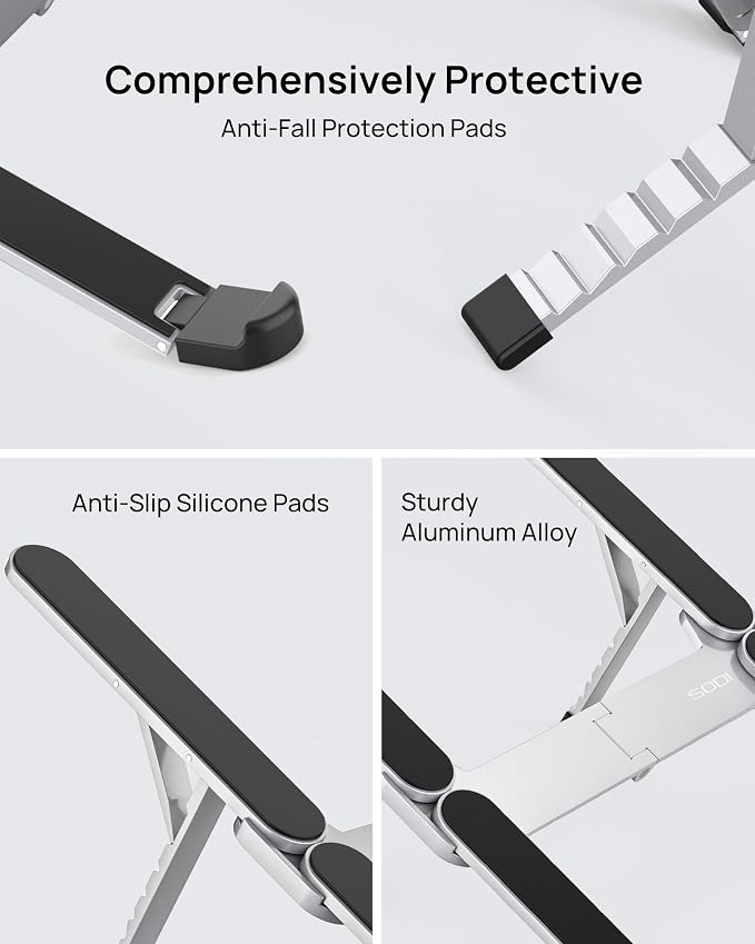 【Innovative & Ultra Compact】SODI Foldable Laptop Stand for Desk, Lightweight Portable Tablet Holder for Business Travel, Cafe, 6 Level Height Adjust Computer Holder for MacBook, Tablet 10-16", Silver - Image 3