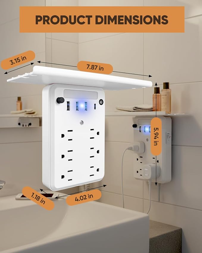 Saker Outlet Extender with Night Light, 6 AC, 4 USB, Surge Protector | 6 AC Outlets + 4 USB Ports, Built-In Night Light, Surge Protection, Convenient Outlet Shelf, 1 USB-C Fast Charging Port - Image 7