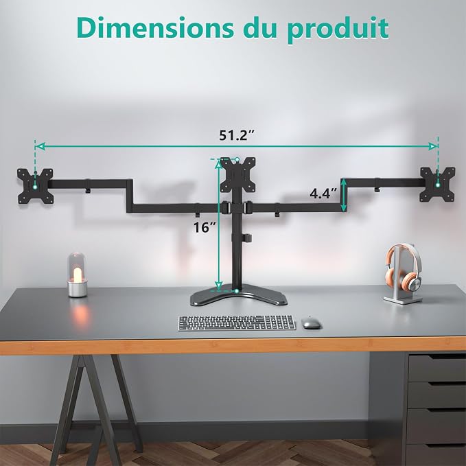 WALI Triple Monitor Stand, Free Standing for 13-27 inch Screens,up to 22lbs | 3 monitor stand for desk, Adjustable, Full Motion with Tilt, Swivel, Rotation, C-Clamp & Grommet Base, VESA 75/100mm (MF003) - Image 4