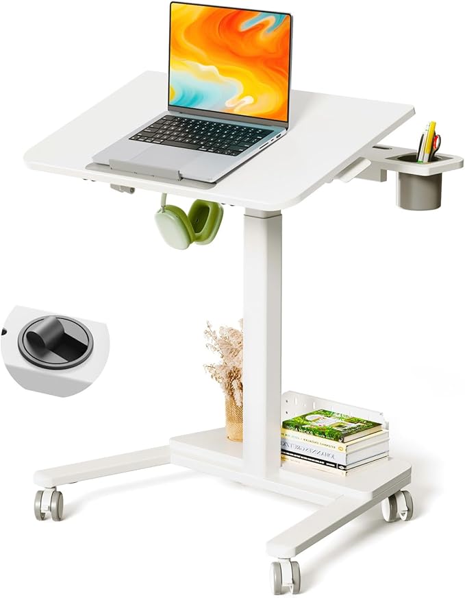 Mobile Standing Desk with Storage Shelf & 60° Tiltable Top | 28" Height Adjustable Rolling Laptop Desk on Wheels, Portable Computer Workstation for Working, Drawing, Crafting, White by JYLHJOYSEEKER