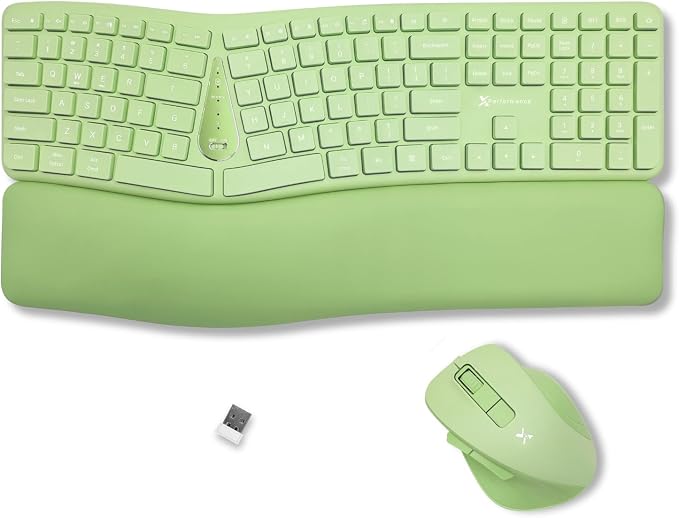 X9 Ergonomic Keyboard and Mouse Wireless Combo - Green Split Keyboard and Mouse Set, Bluetooth/2.4G, Soft Wrist Rest, Rechargeable, Silent Keys, Multi-Device for Laptop, PC, Mac, iOS, Android by X9Performance